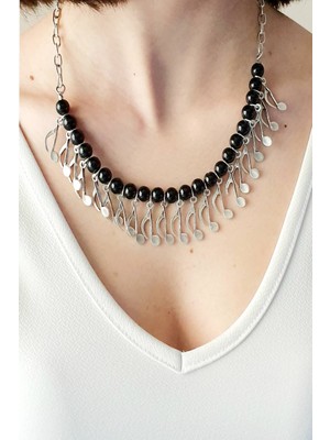 Normadia Kadın Gümüş Kaplama Antik Nota ve Siyah Incili Şık Kolye