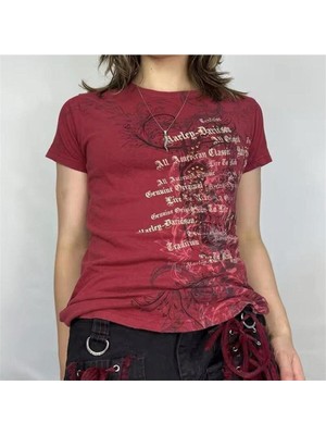 Harmony Factory Kırmızı Skull Life Cyber Gotik Grunge Y2K Kısa Kollu Crop