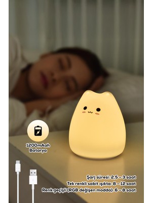 Kedi Şekilli Dokunmatik Rgb LED Gece Lambası, Çocuk Odası Için Şık ve Renkli Işık