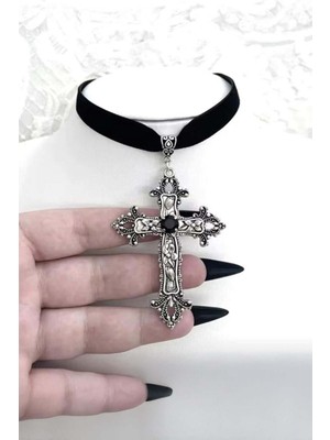 Harmony Factory Siyah Gothic Cross Vintage Kadife Tasma