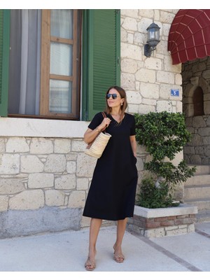 byasafkids Kadın Kısa Kollu V Yaka Cepli A Kesim Detaylı Viskon Elbise