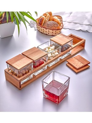 Delixa 5 Li Ahsap Standli Kapakli Cam Lux Kahvaltilik - Kahvalti Sunum Seti