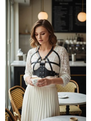 Çamaşır Kenti Siyah Kadın Kemer Suni Deri Zımbalı Vücut Aksesuarı - CMSR1146