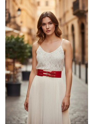 Çamaşır Kenti Kırmızı Kadın Kemer Çift Tokalı Geniş Bel Aksesuarı - CMSR1203