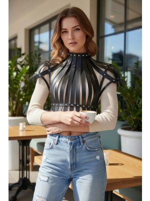 Çamaşır Kenti Siyah Kadın Kemer Deri Zımbalı Korse Detaylı Aksesuar - CMSR1257