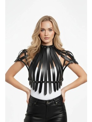 Çamaşır Kenti Siyah Kadın Kemer Şerit Detaylı Yüksek Yaka Zımbalı - CMSR1257