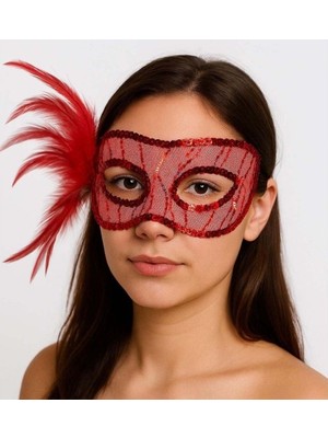 Luord-Store Kırmızı Renk Yandan Tüylü Pul Payet Işlemeli Parti Maskesi 23X12 cm