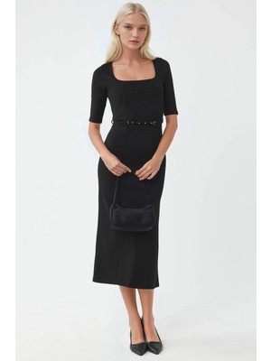 Hiccup Kadın Busem Kemerli Kare Yakalı Midi Elbise Siyah