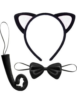 Alem Sevimli Kedi Kostüm Seti Kulak Papyon Kuyruk Beyaz Renk