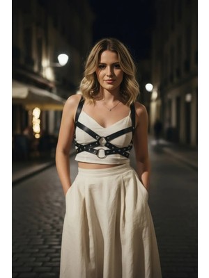 Çamaşır Kenti Siyah Kadın Kemer Metal Halkalı Çapraz Göğüs Aksesuarı - CMSR1182