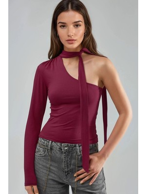Hiccup Kadın Busem Tek Kol Şal Detaylı Bluz Bordo Kırmızı