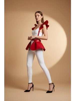 Çamaşır Kenti Kırmızı Etek Deri Volanlı Omuz Peplum - CMSR1001