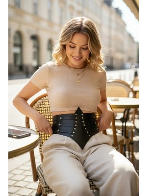 Çamaşır Kenti Siyah Kadın Kemer Zımba Detaylı Geniş Korse Bel Aksesuarı - CMSR1087