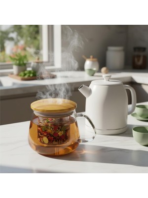 Delixa Deconox Bambu Kapaklı Cam Süzgeçli Kupa 350 ml | Bitki Çayı, Demleme Çay ve Kahve Kupası | Borosilik