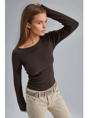 Hiccup Kadın Busem Slim Fit Fitilli Kayık Yaka Bluz Kahve Kahvesi