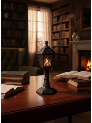 Nostaljik Sokak Lambası Tasarımlı Pilli LED Mumlu Dekoratif Masa Lambası