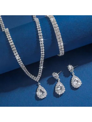 Fm Gümüş Renk Su Yolu Kolye Küpe Bileklik Seti - Damla Kesim Zirkon Taşlı Abiye Takı Seti