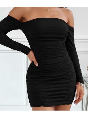 Serac Collection Kadın Uzun Kollu Omuzlardan Açık Takma Kollu Büzgülü Sandy Kısa Elbise