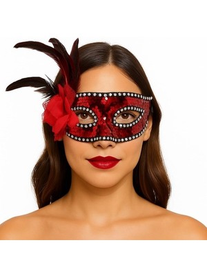 Luord-Store Kırmızı Renk Yandan Tüylü Güllü Gümüş Taşlı Pullu Maske 20X22 cm