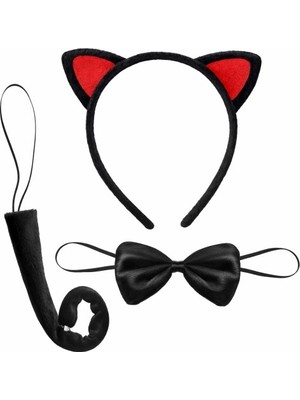 Luord-Store Kırmızı Kulaklı Kedi Kostüm Seti – Taç Papyon Kuyruk 3 Parça