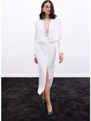 Sateen Yırtmaçlı Midi  Etek - Ekru