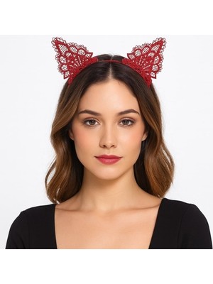 Luord-Store Dantelli Kırmızı Kedi Tacı - Vintage Tarz Dantel Kedi Kulak