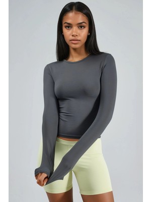 Hiccup Kadınlar BUSEM Slim Fit Yuvarlak Yaka Uzun Kollu Bluz Koyu Gri