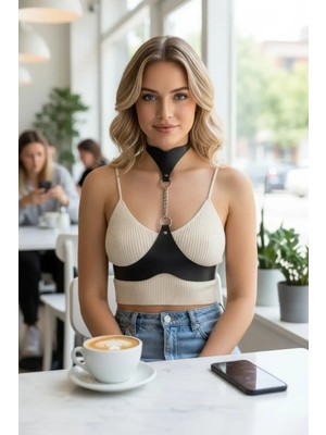 Çamaşır Kenti Siyah Kadın Kemer Zincir Detaylı Yüksek Yaka Korse - CMSR1265