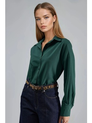 Hiccup Kadın Busem Düğmeli Rahat Kesim Gömlek Haki Yeşil