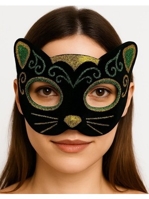 Luord-Store Siyah Kadife Kaplama Üzeri Sarı Yeşil Sim Işlemeli Kedi Maskesi 20X13 cm