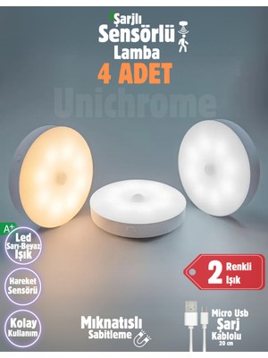 4'lü Renkli Hareket Sensörlü USB Şarjlı LED Dolap Içi Gece Lambası