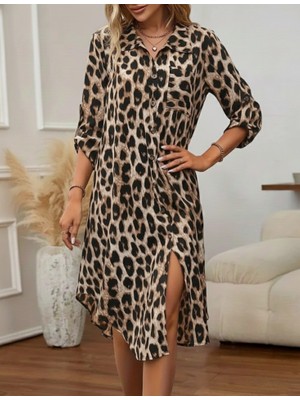 Serac Collection Kadın Uzun Kollu Yakalı Önden Düğmeli Leopar Desenli Modal Midi Elbise