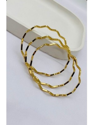 Lia Charm Altın Renk 22 Ayar Kaplama Zikzak Ajda Bilezik 22 cm – 3 Adet Kadın Şık Bilezik Seti