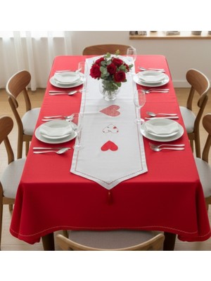 Yarımada Kadın Kooperatifi Sevgililer gününe özel, Özel Tasarım Premium Duck Keten Masa Örtüsü & Aplike Işlemeli Runner Takımı