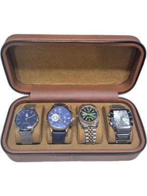 Deri 4 Lü Saat Çantası Kutusu Fermuarlı Ahşap Kasalı (Taba)