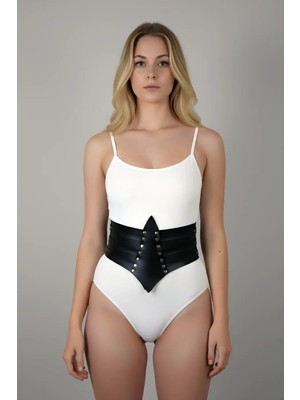 Çamaşır Kenti Siyah Kadın Kemer Kalın Korse Zımbalı Bel Aksesuarı - CMSR1087