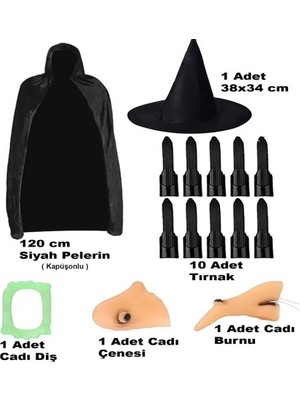 Luord-Store Siyah Kapüşonlu Pelerin 120 cm Tırnaklar Diş Çene Burun ve Şapka Seti