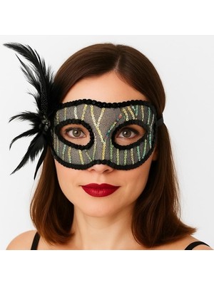 Luord-Store Siyah Renk Yandan Tüylü Pul Payet Işlemeli Parti Maskesi 23X12 cm