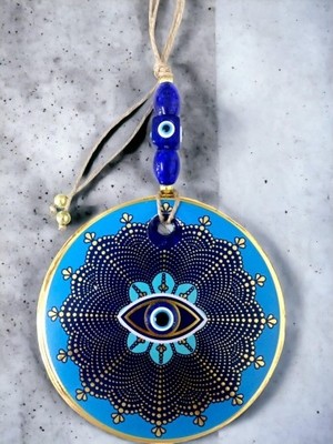 Luord-Store Mavi Cam Üstü Altın Puantiyeli Göz Nazar Boncuklu Duvar Süsü