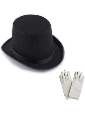 Luord-Store Siyah Sihirbaz Fötr Şapka 15 cm - 1 Çift Beyaz Sihirbaz Eldiveni - Yetişkin Boy