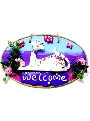 Luord-Store Kedi Figürlü Welcome Yazılı El Yapımı Kapı Süsü