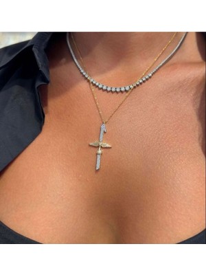 Normadia Şık Tasarım Taşlı Elif Çelik Gold Kolye, Zarif ve Parlak Takı