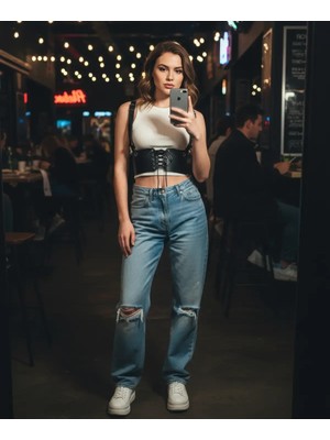 Çamaşır Kenti Siyah Kadın Kemer Bağlamalı Geniş Korse Bel Aksesuarı - CMSR1429