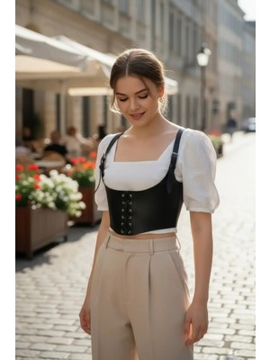 Çamaşır Kenti Siyah Kadın Kemer Bağcıklı Korse Tipi Geniş Bel Aksesuarı - CMSR1428