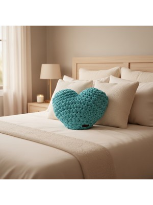 Ayona El Örgüsü Mavi Puffy Kalp Yastık - Ultra Yumuşak Hediyelik Dekoratif Yastık 44X40 cm