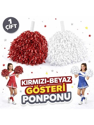 Alem 1 Çift ( 2 Adet ) Kırmızı-Beyaz Renk 23 Nisan 19 Mayıs 29 Ekim Okul Gösteri Ponponları Ekstra Dolgun