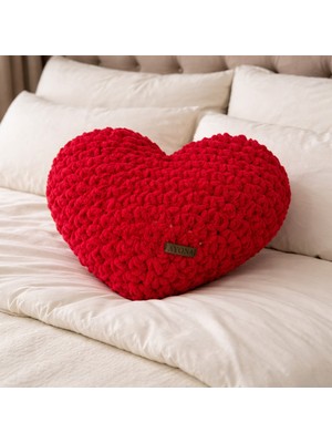 Ayona El Örgüsü Kırmızı Puffy Kalp Yastık - Ultra Yumuşak Hediyelik Dekoratif Yastık 44X40 cm