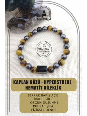 UltraMint Doğal Taş Bileklik, Kaplan Gözü, Hypersthene, Hematit ile Şık Takı