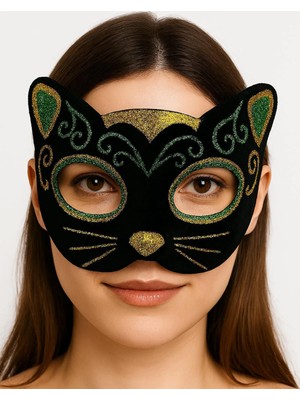 Alem Siyah Kadife Kaplama Üzeri Sarı Yeşil Sim Işlemeli Kedi Maskesi 20X13 cm