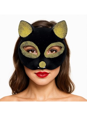 Alem Siyah Renk Gold Simli Süet Kaplama Kedi Maskesi 18X14 cm